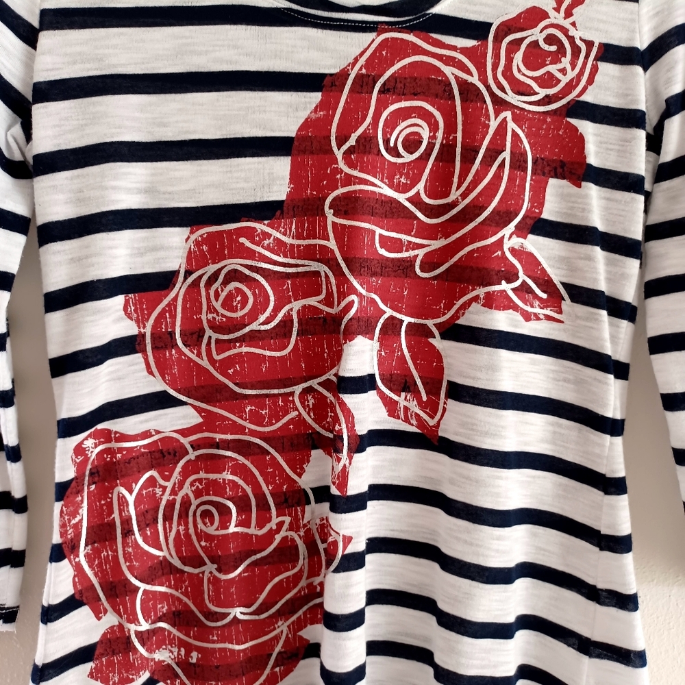 Madison Black and White Striped Top with Red Rose Design, Size Sp - Picture 5 of 12